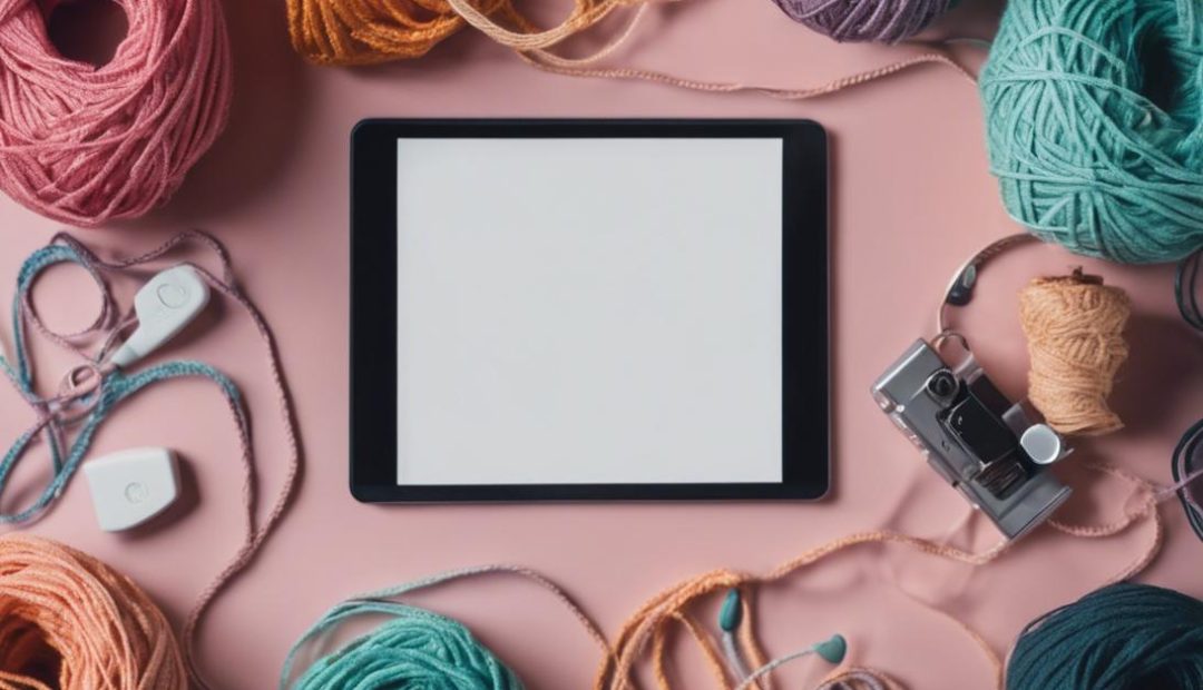 Photographie flat lay d'un assortiment de fils de macramé colorés et accessoires, avec une tablette numérique affichant une vidéo tutoriel, finition mate, éclairage ambiant doux.