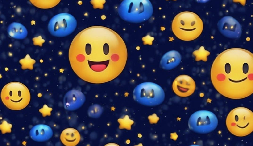Image d'un ciel nocturne étoilé sombre avec 15 emojis colorés dépeignant des messages de bonne nuit et des baisers, flottant et scintillant subtilement.