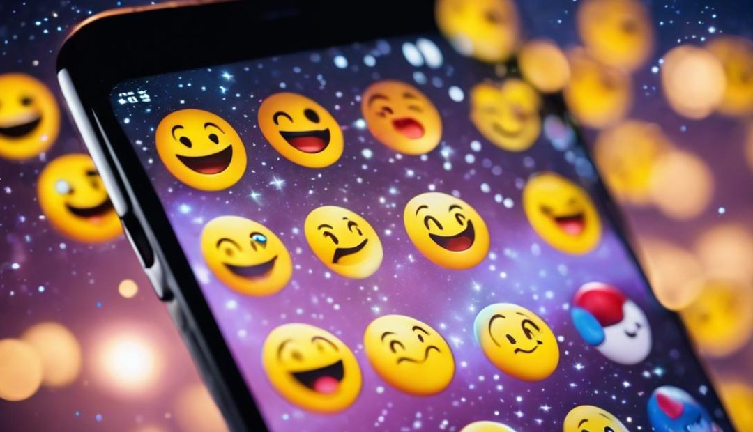 Image floue d'un écran mobile affichant divers emojis joyeusement illuminés sur le thème de la nuit, sur fond d'un ciel étoilé.